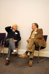 The late Dr. Fred Hunter (right) talking to the late Tom Welsh (left) who founded journalism studies at City University